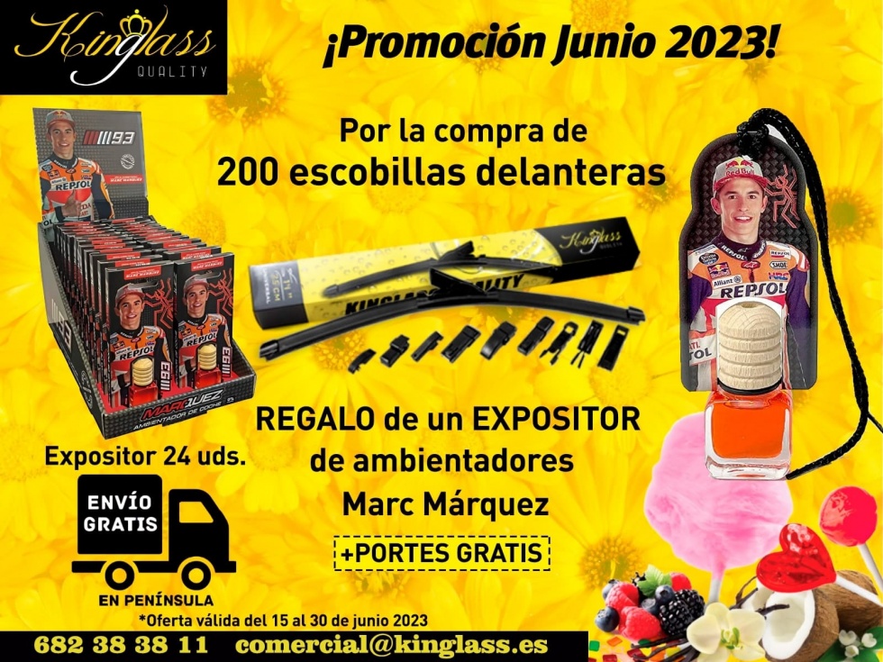 Ahora, por la compra de 200 escobillas delanteras, REGALO de un expositor (24 uds.) de ambientadores Marc Márquez