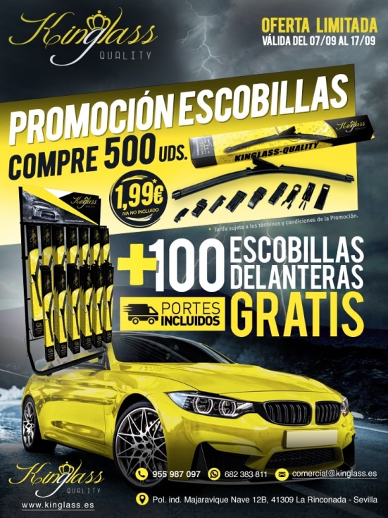 ¡Promoción limitada en KINGLASS! Compra 500 limpiaparabrisas y llévate gratis otros 100, con portes pagados